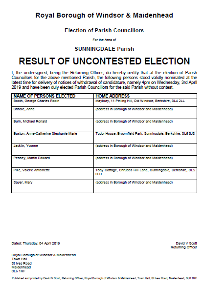 Sunningdale Uncontested Election 2019